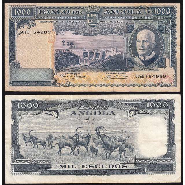 Nota de 1000 Escudos 1970 Américo Tomás, 1000$00 10/06/1970 - Banco de Angola (Pouco Circulada)