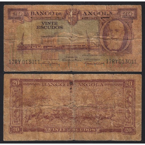 Nota de 20 Escudos 1956 Silva Porto, 20$00 15/08/1956 - Banco de Angola (Muito Circulada)