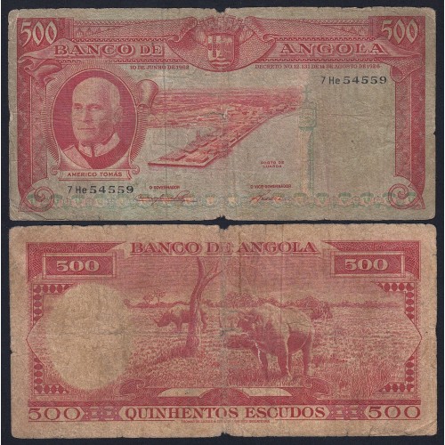 Nota de 500 Escudos 1962 Américo Tomás , 500$00 10/06/1962 - Banco de Angola (Muito Circulada)