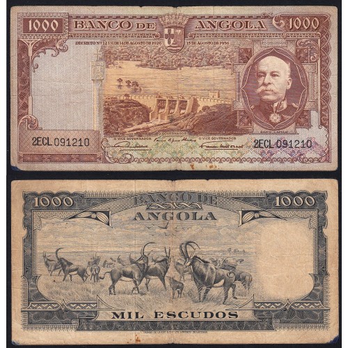 Nota de 1000 Escudos 1956 Brito Capelo, 1000$00 15/08/1956 - Banco de Angola (Circulada)