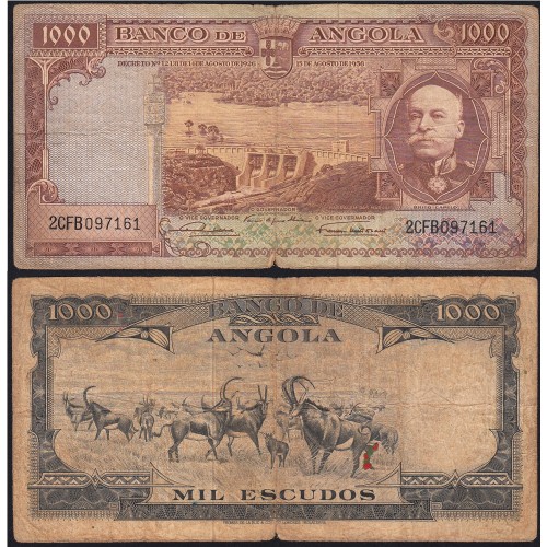 Nota de 1000 Escudos 1956 Brito Capelo, 1000$00 15/08/1956 - Banco de Angola (Circulada)