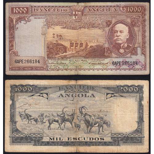 Nota de 1000 Escudos 1956 Brito Capelo, 1000$00 15/08/1956 - Banco de Angola (Circulada)