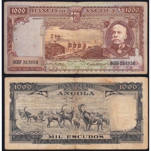 Nota de 1000 Escudos 1956 Brito Capelo, 1000$00 15/08/1956 - Banco de Angola (Circulada)