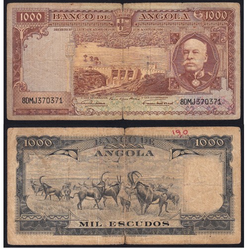 Nota de 1000 Escudos 1956 Brito Capelo, 1000$00 15/08/1956 - Banco de Angola (Circulada)