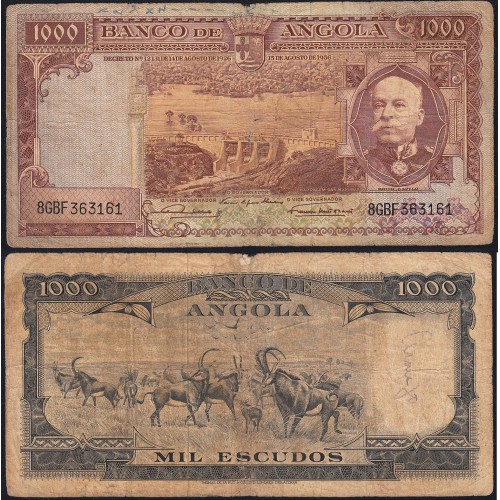 Nota de 1000 Escudos 1956 Brito Capelo, 1000$00 15/08/1956 - Banco de Angola (Circulada)