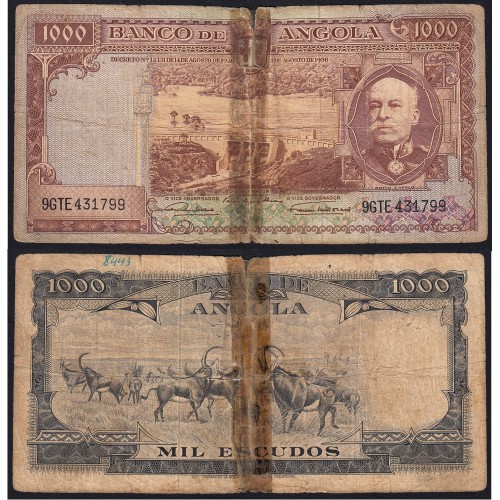 Nota de 1000 Escudos 1956 Brito Capelo, 1000$00 15/08/1956 - Banco de Angola (Muito Circulada)