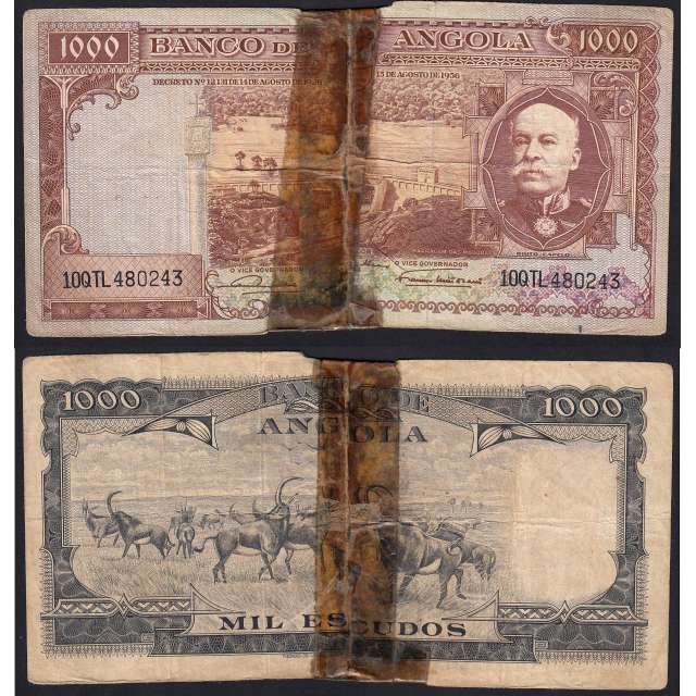 Nota de 1000 Escudos 1956 Brito Capelo, 1000$00 15/08/1956 - Banco de Angola (Muito Circulada)