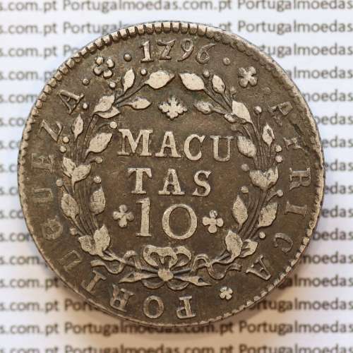 Silver coin of Angola, 10 Macutas 1796 of portuguese queen D. Maria I (1786-1799), World Coins Angola KM 36