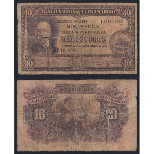 Nota Dez Escudos 1945 Antonio Ennes, 10 Escudos 29/11/1945 - Moçambique Pick 95 (Muito Circulada)
