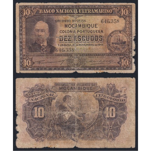 Nota Dez Escudos 1945 Antonio Ennes, 10 Escudos 29/11/1945 - Moçambique Pick 95 (Muito Circulada)