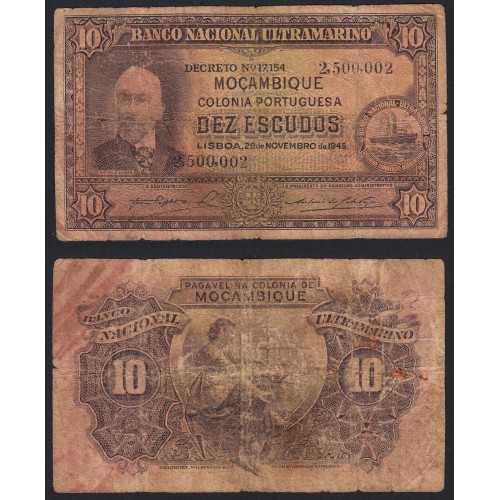 Nota Dez Escudos 1945 Antonio Ennes, 10 Escudos 29/11/1945 - Moçambique Pick 95 (Circulada)