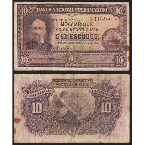 Nota Dez Escudos 1945 Antonio Ennes, 10 Escudos 29/11/1945 - Moçambique Pick 95 (Circulada)