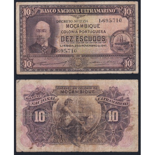 Nota Dez Escudos 1945 Antonio Ennes, 10 Escudos 29/11/1945 - Moçambique Pick 95 (Circulada)
