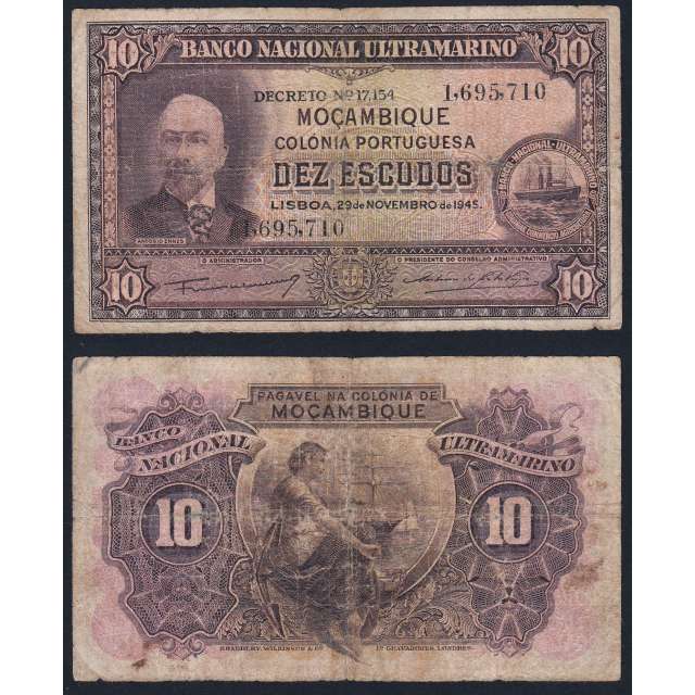 Nota Dez Escudos 1945 Antonio Ennes, 10 Escudos 29/11/1945 - Moçambique Pick 95 (Circulada)