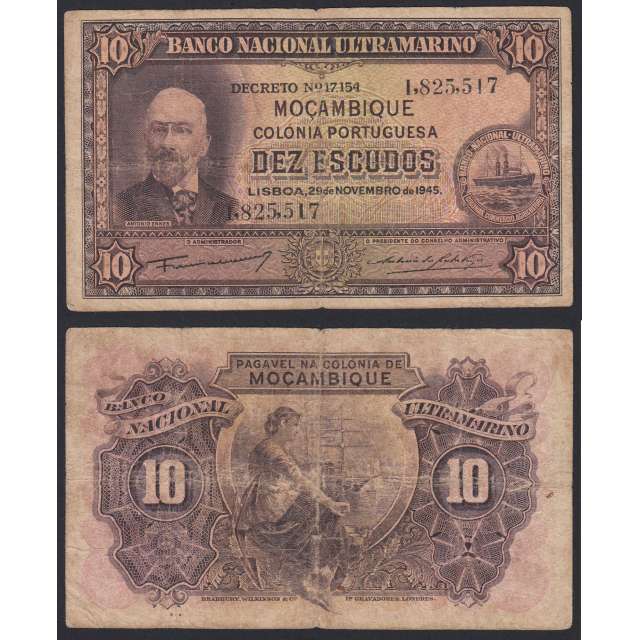 Nota Dez Escudos 1945 Antonio Ennes, 10 Escudos 29/11/1945 - Moçambique Pick 95 (Circulada)