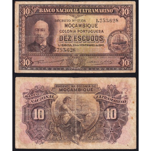 Dez Escudos 1945 Antonio Ennes, 10 Escudos 29/11/1945 - Moçambique Pick 95 (Circulada)
