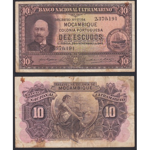 Nota Dez Escudos 1945 Antonio Ennes, 10 Escudos 29/11/1945 - Moçambique Pick 95 (Circulada)