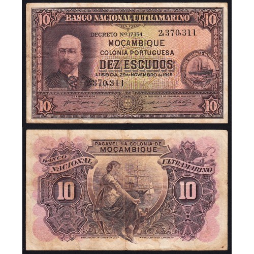 Nota Dez Escudos 1945 Antonio Ennes, 10 Escudos 29/11/1945 - Moçambique Pick 95 (Circulada)