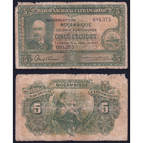 Nota Cinco Escudos 1943 António Ennes, 5 Escudos 15/04/1943 - Moçambique Pick 89 (Circulada +)