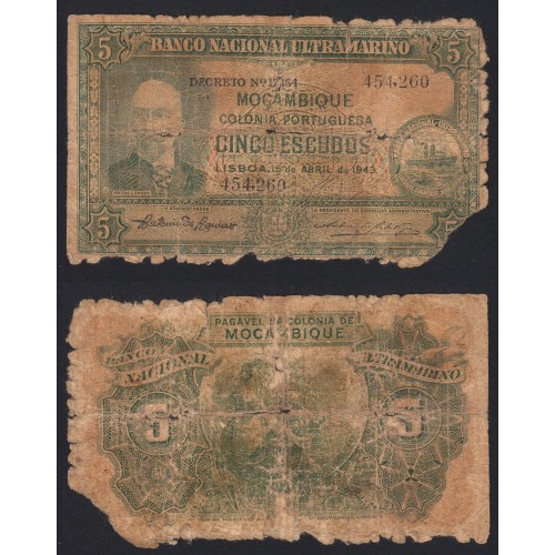 Nota Cinco Escudos 1943 António Ennes, 5 Escudos 15/04/1943 - Moçambique Pick 89 (Muito Circulada)