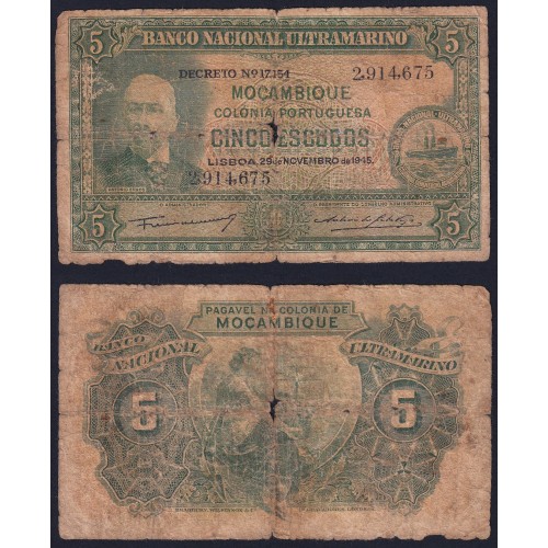 Nota Cinco Escudos 1945 Antonio Ennes, 5 Escudos 29/11/1945 - Moçambique Pick 94 (Muito Circulada)