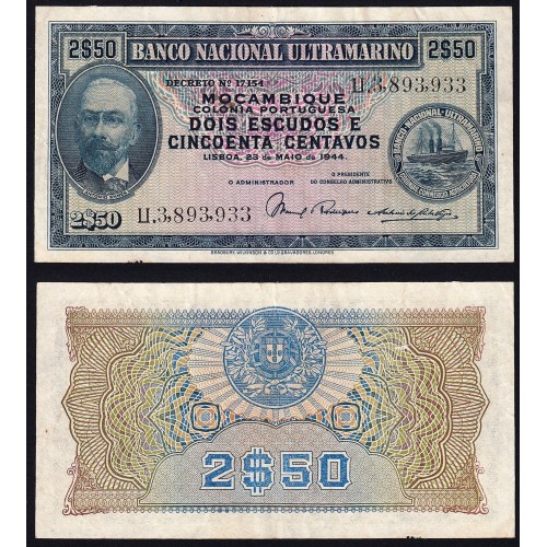 Nota Dois Escudos e Cinquenta Centavos 1944 Antonio Ennes, 2 1/2 Escudos 23/05/1944 - Moçambique Pick 93 (Circulada)