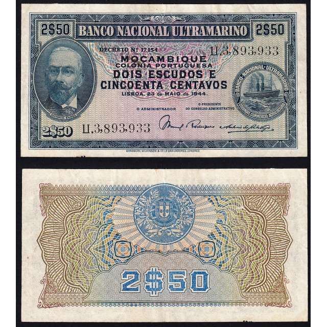 Nota Dois Escudos e Cinquenta Centavos 1944 Antonio Ennes, 2 1/2 Escudos 23/05/1944 - Moçambique Pick 93 (Circulada)