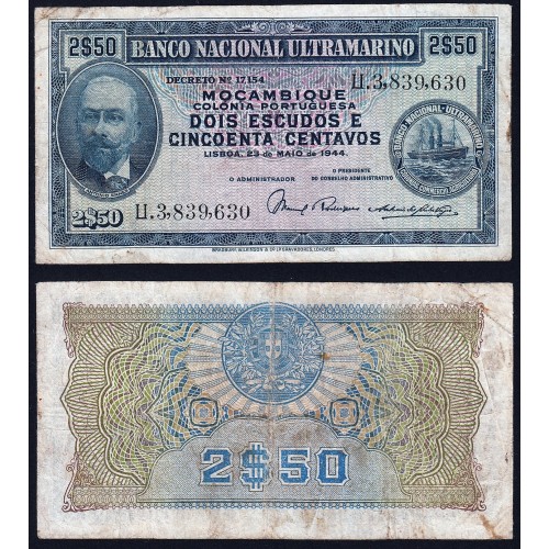 Nota Dois Escudos e Cinquenta Centavos 1944 Antonio Ennes, 2 1/2 Escudos 23/05/1944 - Moçambique Pick 93 (Circulada)