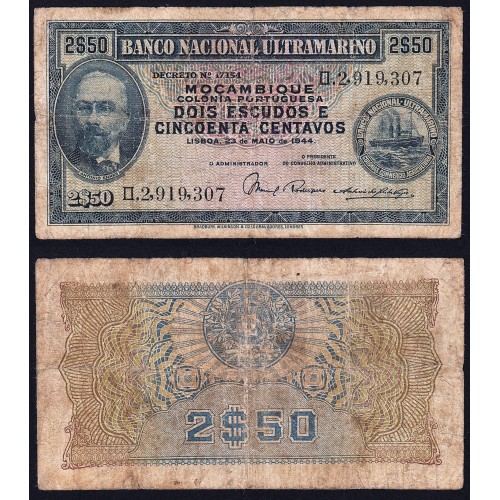 Nota Dois Escudos e Cinquenta Centavos 1944 Antonio Ennes, 2 1/2 Escudos 23/05/1944 - Moçambique Pick 93 (Circulada)