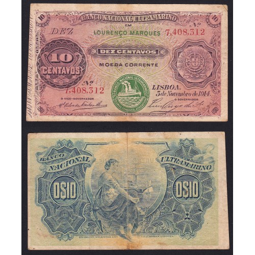 Nota Dez Centavos 1914 Lourenço Marques, 10 Centavos 05/11/1914 - Moçambique Pick 56 (Circulada)