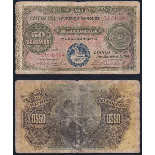 Nota Cinquenta Centavos 1914 Lourenço Marques, 50 Centavos 05/11/1914 - Moçambique Pick 58 (Circulada)