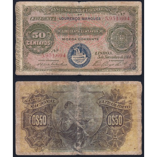 Mozambique, 50 Centavos 1914 (5 November 1914), Banco Nacional Ultramarino, Lourenço Marques, (Circulated), Pick58