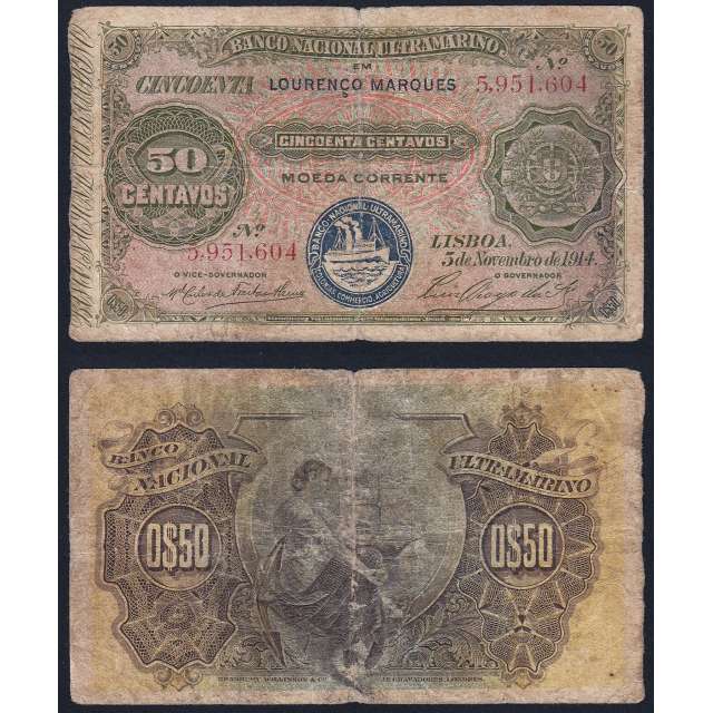 Nota Cinquenta Centavos 1914 Lourenço Marques, 50 Centavos 05/11/1914 - Moçambique Pick 58 (Circulada)