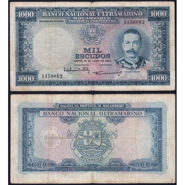 Nota Mil Escudos 1953 Mousinho de Albuquerque, 1000 Escudos 31/07/1953 - Moçambique Pick 105 (Circulada)