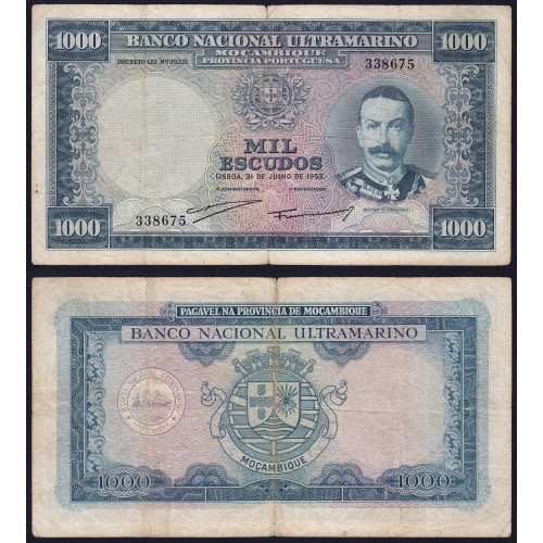Nota Mil Escudos 1953 Mousinho de Albuquerque, 1000 Escudos 31/07/1953 - Moçambique Pick 105 (Circulada)