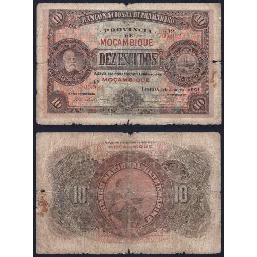 Moçambique, 10 Escudos 1921, 1 de janeiro 1921, Francisco de Oliveira Chamiço, Banco Nacional Ultramarino, (Circulada), Pick69