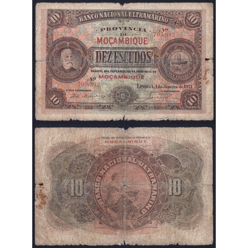 Moçambique, 10 Escudos 1921, 1 de janeiro 1921, Francisco de Oliveira Chamiço, Banco Nacional Ultramarino, (Circulada), Pick69