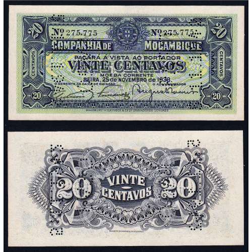Nota Vinte Centavos 1933 Companhia de Moçambique, 20 Centavos 25/11/1933 - Moçambique Pick R29 (Não Circulada)