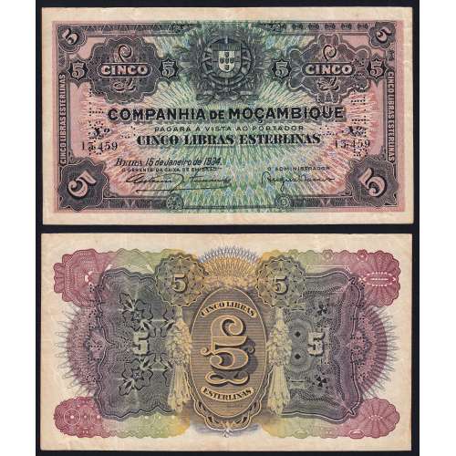 Nota Cinco Libras Esterlinas 1934 Companhia de Moçambique, 5 Libras 15/01/1934 - Moçambique Pick R32 (Circulada)