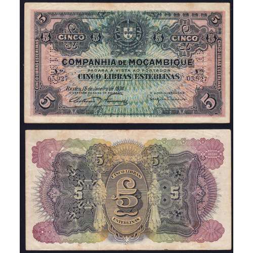 Nota Cinco Libras Esterlinas 1934 Companhia de Moçambique, 5 Libras 15/01/1934 - Moçambique Pick R32 (Circulada)