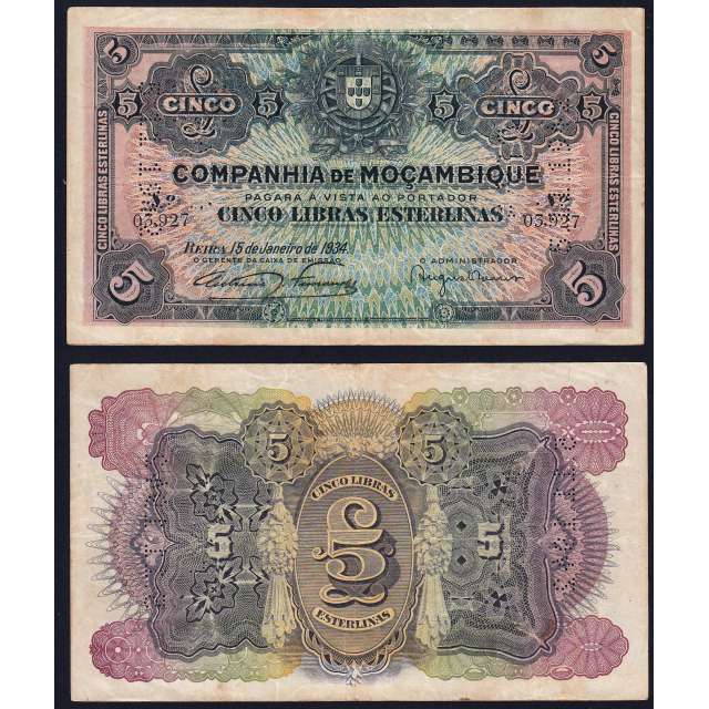 Nota Cinco Libras Esterlinas 1934 Companhia de Moçambique, 5 Libras 15/01/1934 - Moçambique Pick R32 (Circulada)