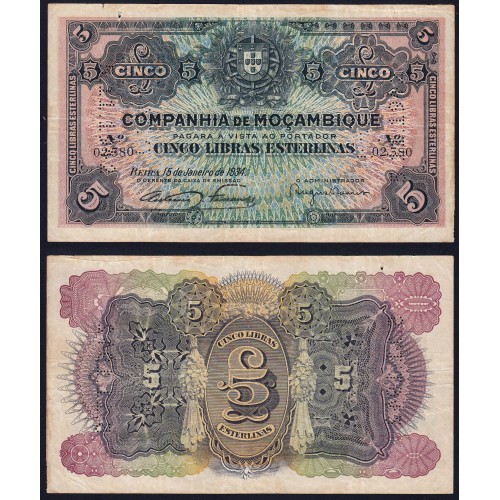 Nota Cinco Libras Esterlinas 1934 Companhia de Moçambique, 5 Libras 15/01/1934 - Moçambique Pick R32 (Circulada)