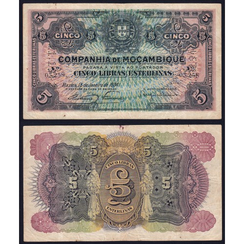 Nota Cinco Libras Esterlinas 1934 Companhia de Moçambique, 5 Libras 15/01/1934 - Moçambique Pick R32 (Circulada)