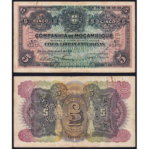 Nota Cinco Libras Esterlinas 1934 Companhia de Moçambique, 5 Libras 15/01/1934 - Moçambique Pick R32 (Circulada)