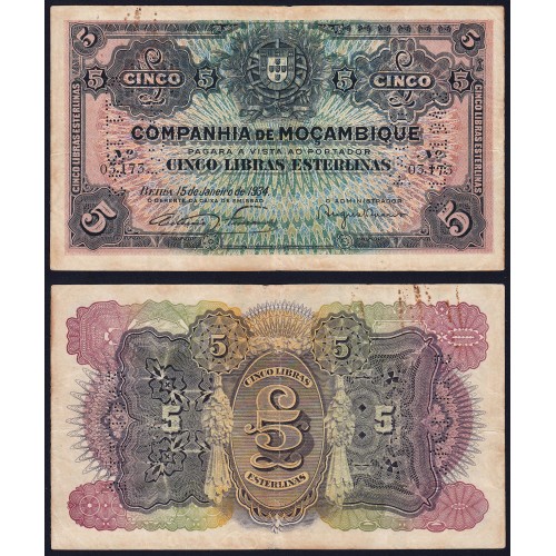 Nota Cinco Libras Esterlinas 1934 Companhia de Moçambique, 5 Libras 15/01/1934 - Moçambique Pick R32 (Circulada)