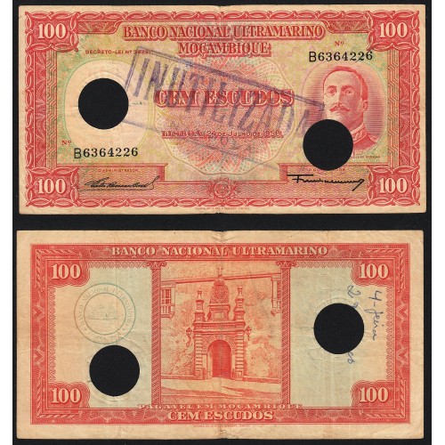 Nota Cem Escudos 1958 Aires de Ornelas c/ Furação e Carimbo de Inutilização, 24/07/1958 - Moçambique Pick 107