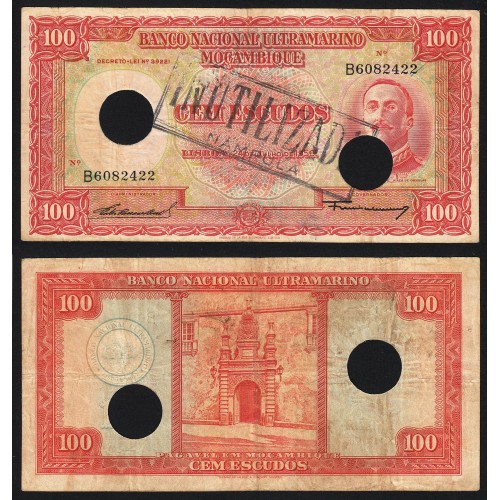 Nota Cem Escudos 1958 Aires de Ornelas c/ Furação e Carimbo de Inutilização, 24/07/1958 - Moçambique Pick 107