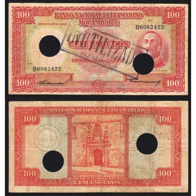 Nota Cem Escudos 1958 Aires de Ornelas c/ Furação e Carimbo de Inutilização, 24/07/1958 - Moçambique Pick 107