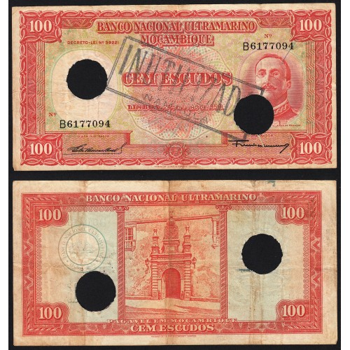 Nota Cem Escudos 1958 Aires de Ornelas c/ Furação e Carimbo de Inutilização, 24/07/1958 - Moçambique Pick 107