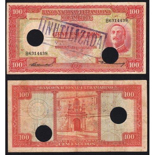 Nota Cem Escudos 1958 Aires de Ornelas c/ Furação e Carimbo de Inutilização, 24/07/1958 - Moçambique Pick 107